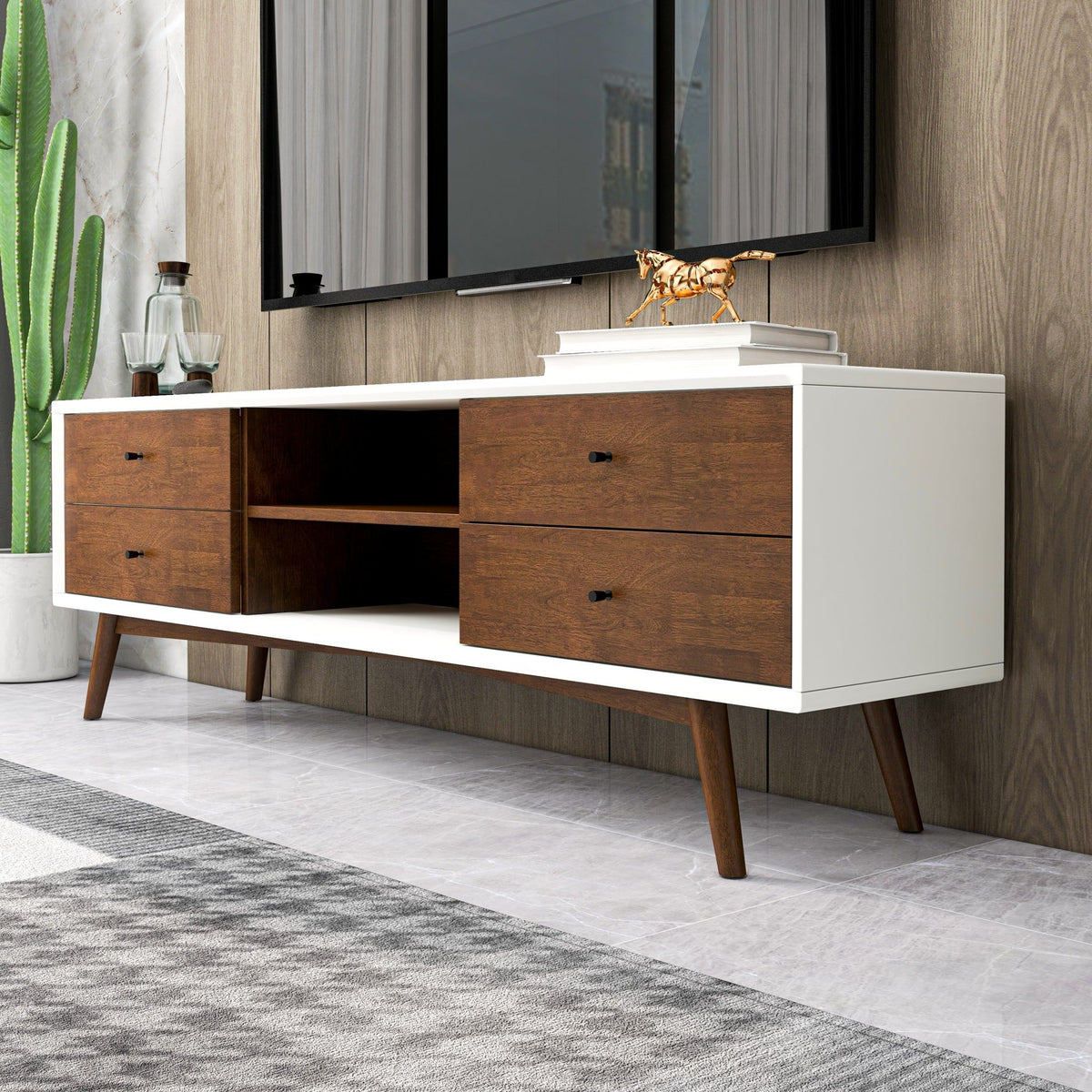 Modern TV Stand Up To 72" with Solid Wood Construction - White or Dark Brown