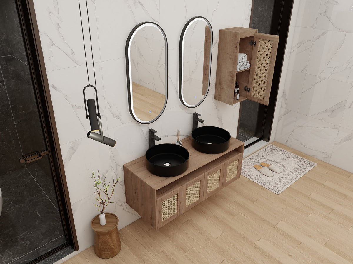 48" Bathroom Vanity with Ceramic Art Sink and Side Cabinet - Imitative Oak