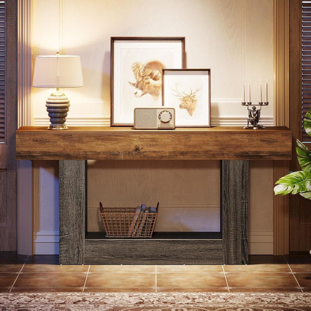 Console Table with 2 Tier Storage and U-Shaped Base - Light Brown or Dark Brown