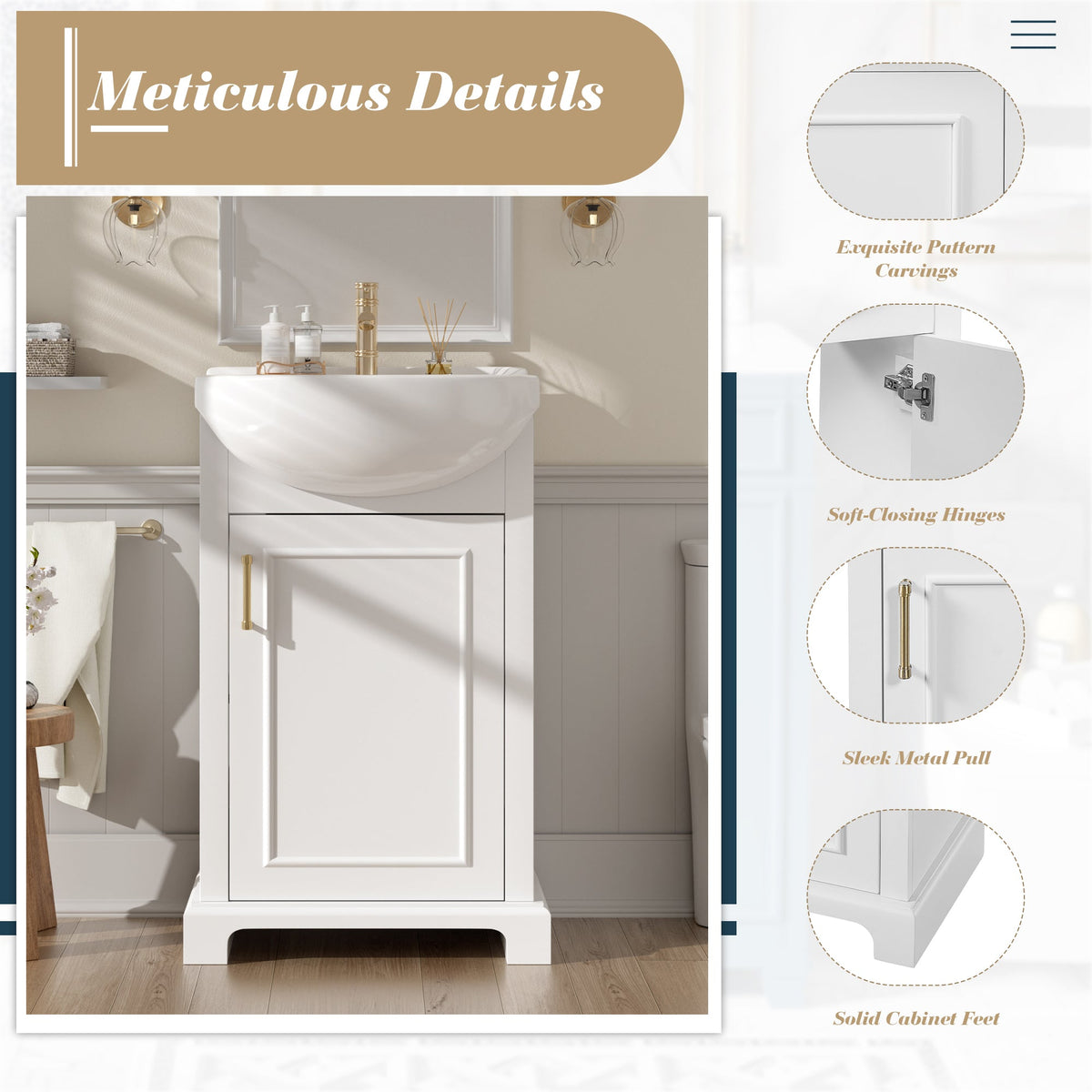 French Style 20-Inch Bathroom Vanity with Ceramic Sink - White