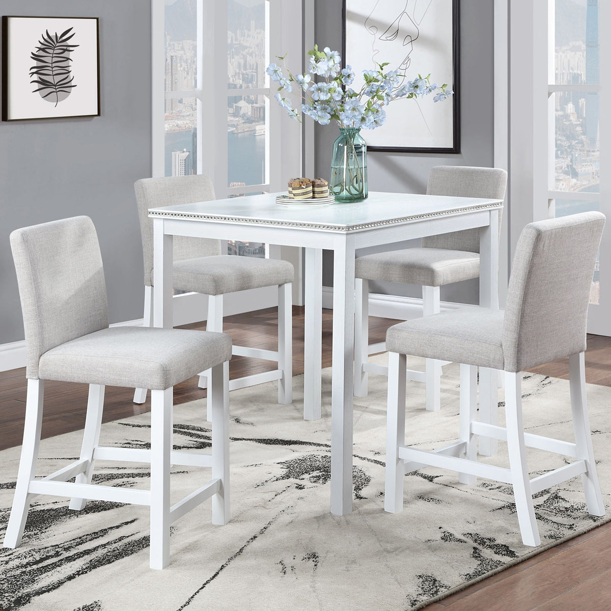 Counter Height 5 Piece Dining Table Set with Upholstered Chairs - Gray, White, Dark Gray