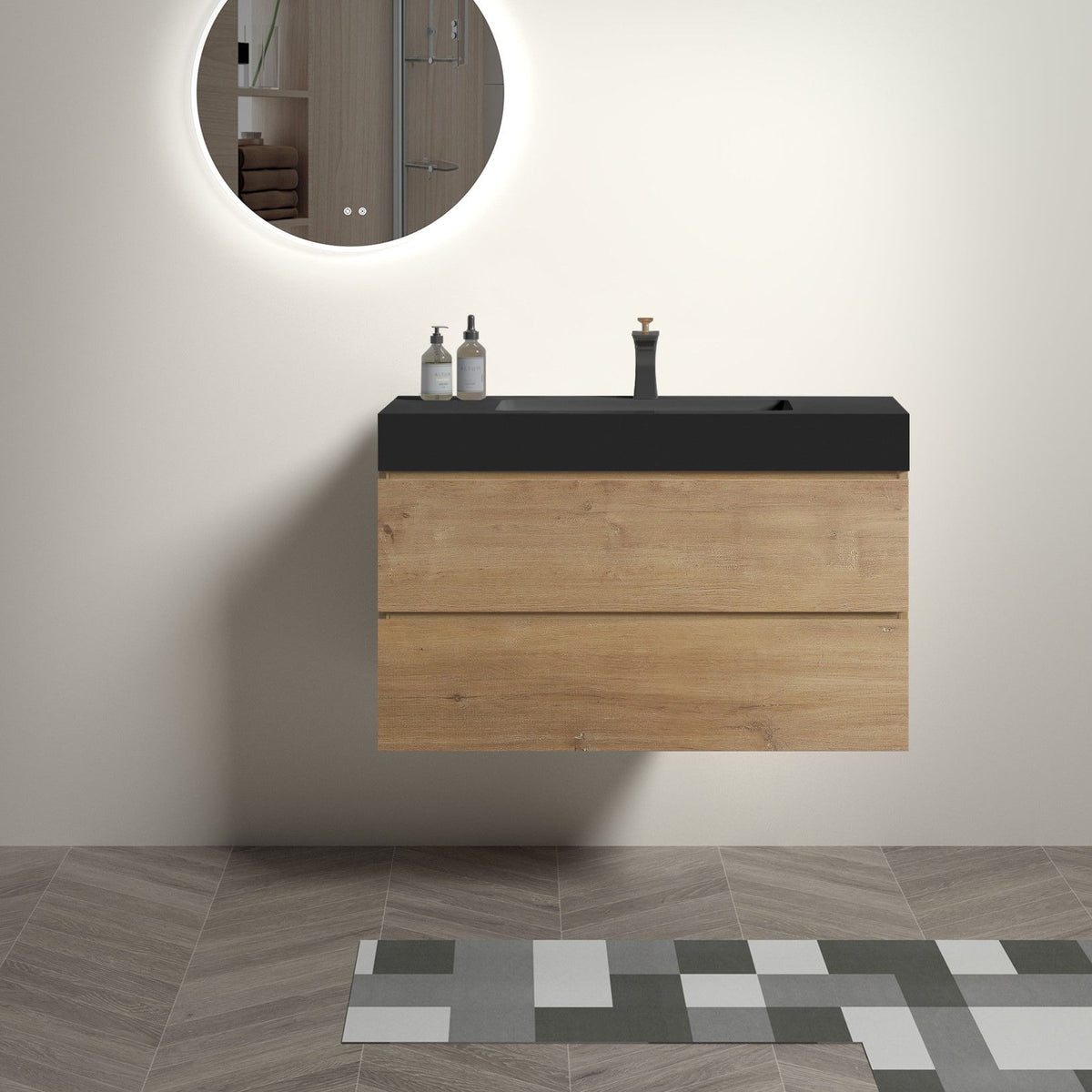 Natural Oak Bathroom Vanity with Floating Quartz Sink - Light Brown