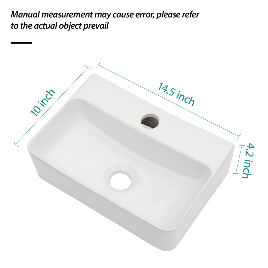 Ceramic Rectangle Wall Mount Bathroom Sink with Single Faucet Hole - White