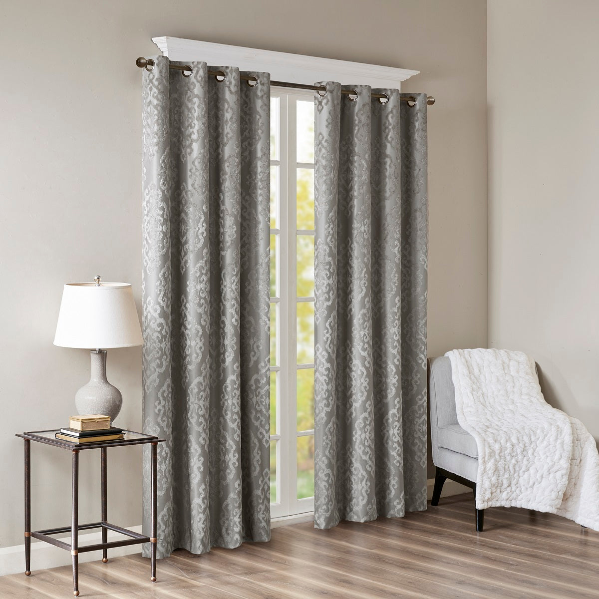 Charcoal Knitted Jacquard Damask Blackout Curtain Panel with Silver Grommets