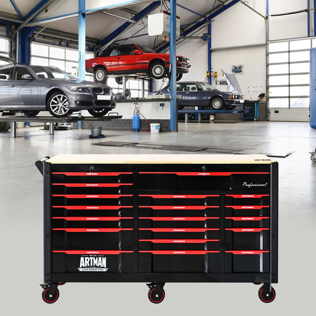 Heavy Duty Tool Cart with 19 Drawers and Locking System - Black/Red