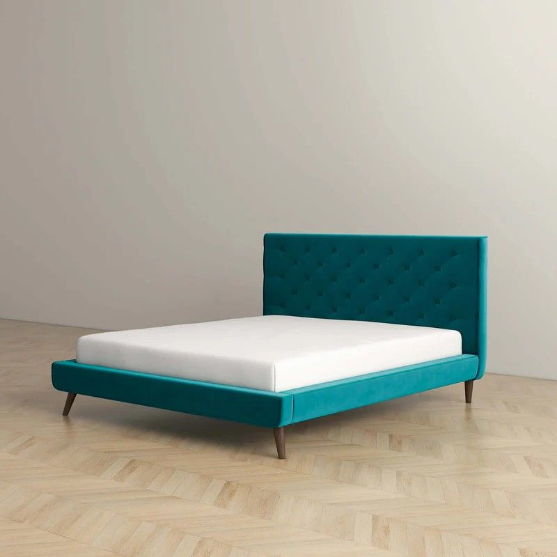 Light Blue Queen Platform Bed with Button Tufted Headboard