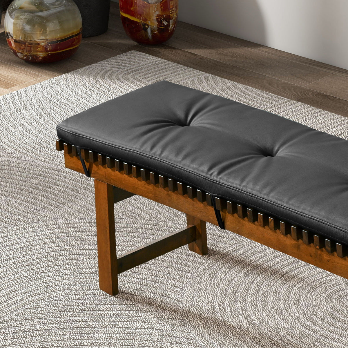 Black Upholstered Bench with Solid Wood Frame - Lucia