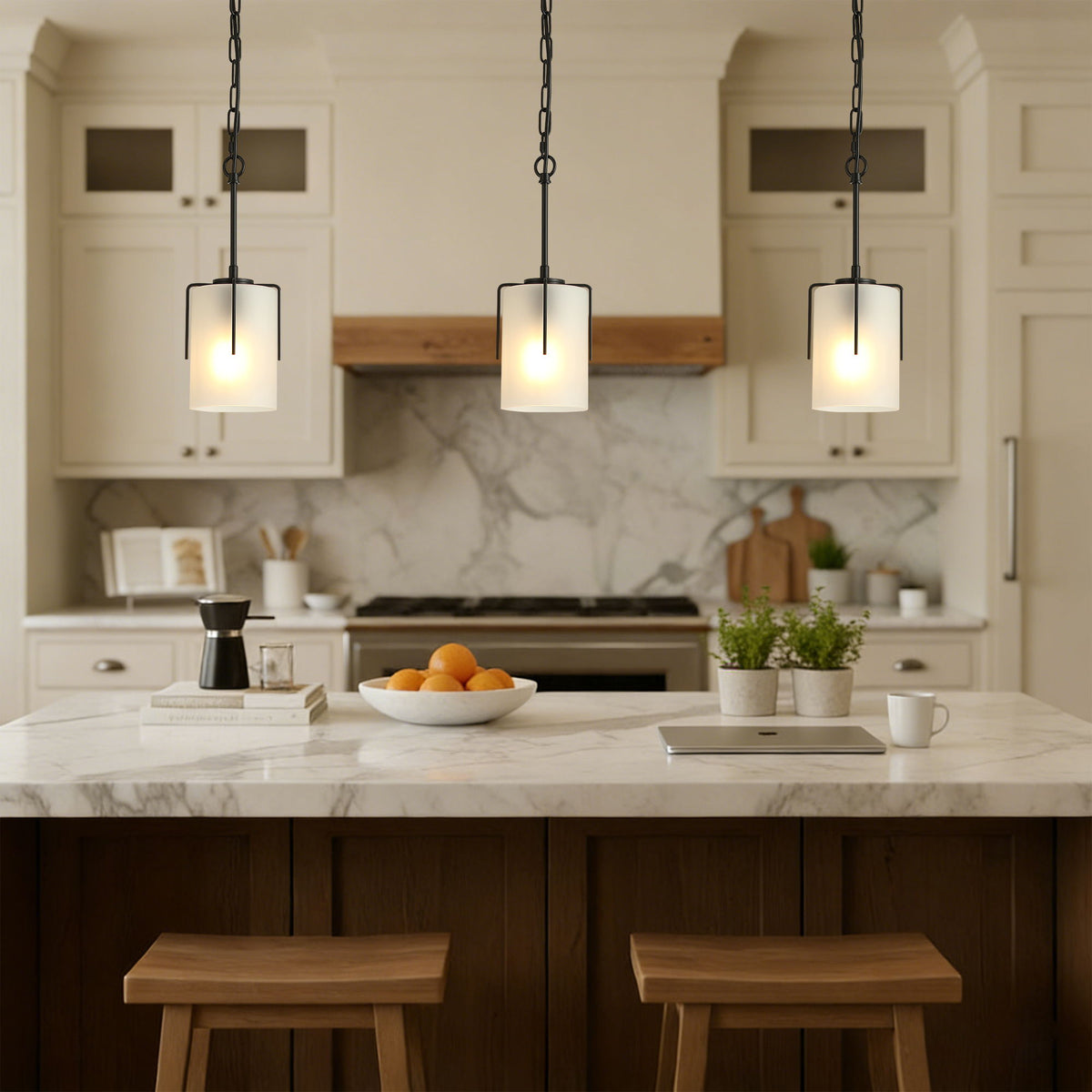 Adjustable Cylindrical Pendant Light with Frosted Glass Shade - Black or Gold