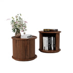 2-Piece Round Coffee Table Set with Sliding Door Storage - Walnut