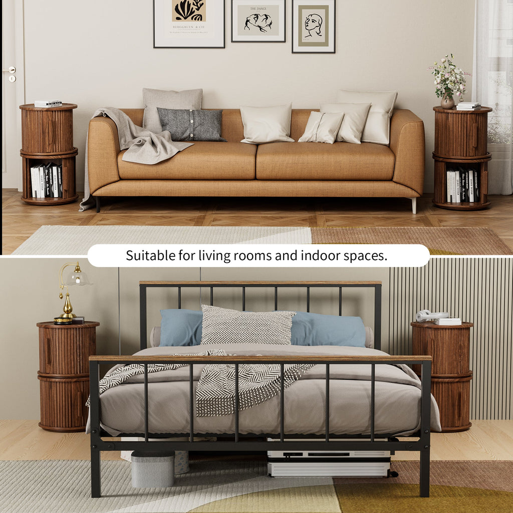 2-Piece Round Coffee Table Set with Sliding Door Storage - Walnut