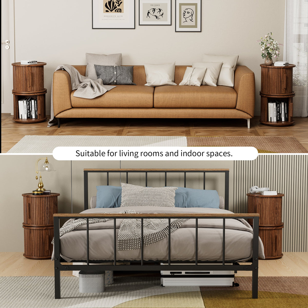 2-Piece Round Coffee Table Set with Sliding Door Storage - Walnut