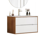 32-Inch Wall-Mounted Bathroom Vanity with Ceramic Sink Combo - Walnut/White