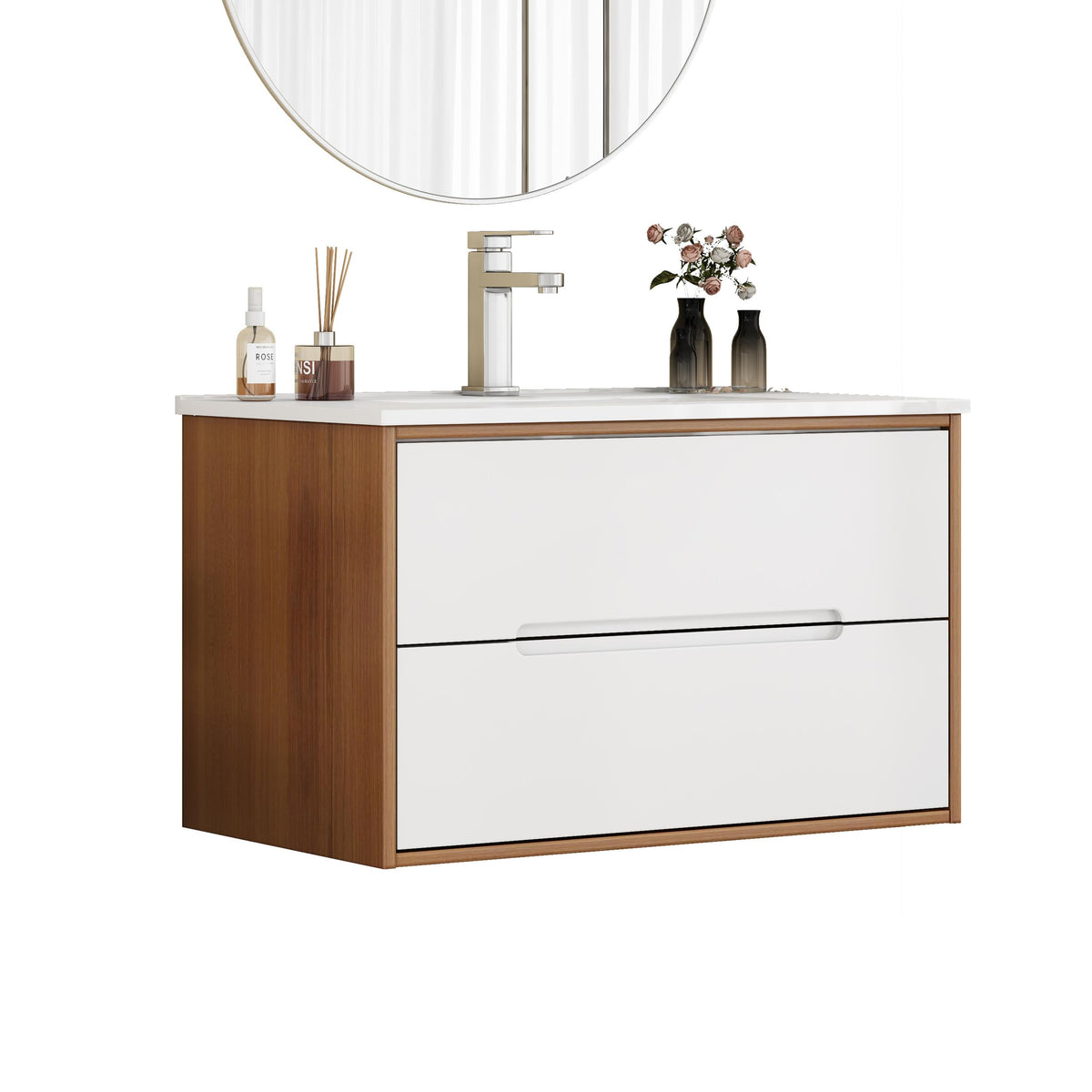 32-Inch Wall-Mounted Bathroom Vanity with Ceramic Sink Combo - Walnut/White