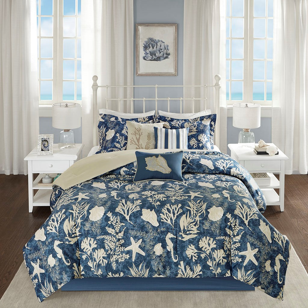 Cotton Sateen Comforter Set with Coastal Motif - Blue