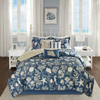 Cotton Sateen Comforter Set with Coastal Motif - Blue