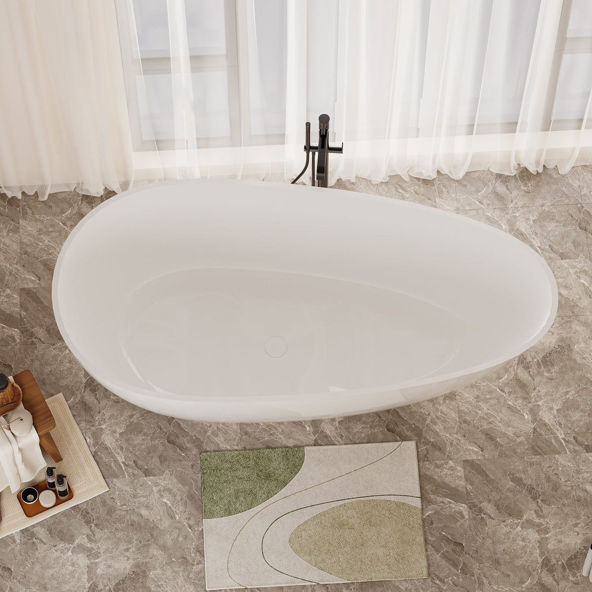 59" Freestanding Solid Surface Bathtub with Overflow Drain - Glossy White