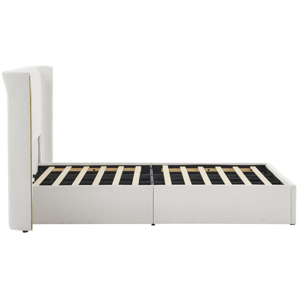 King Size Luxury Wing-Back Upholstered Bed Frame with Padded Headboard - Beige