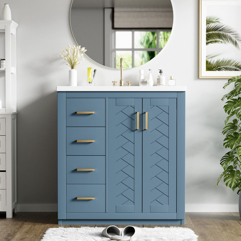 Ceramic Sink Vanity Combo with 3 Drawers and Soft Closing Doors - 30"