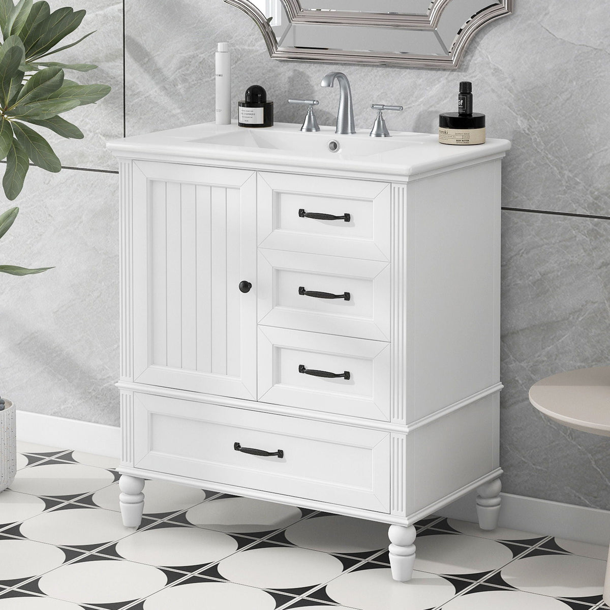 30" Bathroom Vanity with Sink and Soft-Close Drawers - White or Black