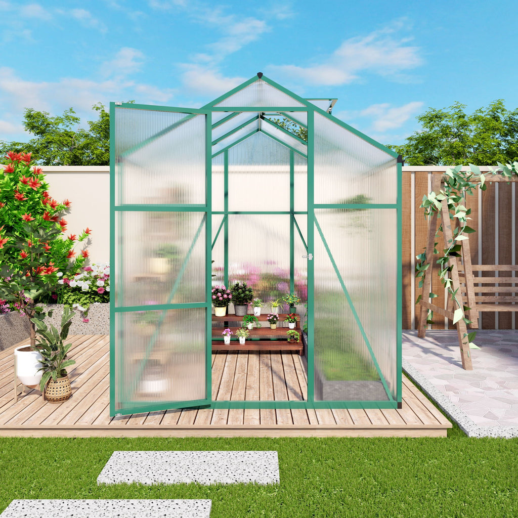 Polycarbonate Walk-In Greenhouse with Raised Base - Green