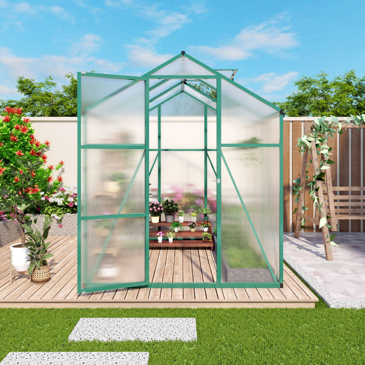 Polycarbonate Walk-In Greenhouse with Raised Base - Green