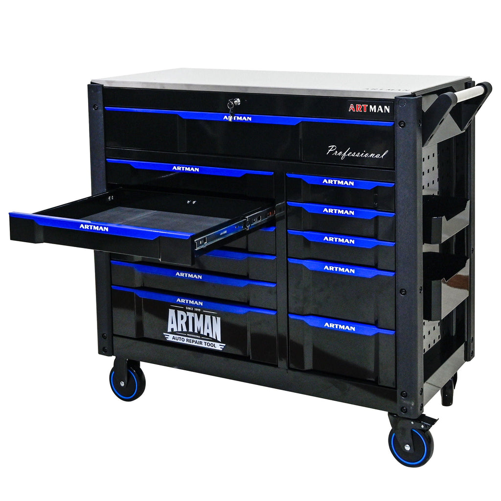 12 Layer Drawer Multi Purpose Tool Cart with Wheels and Iron Top - Black / Blue