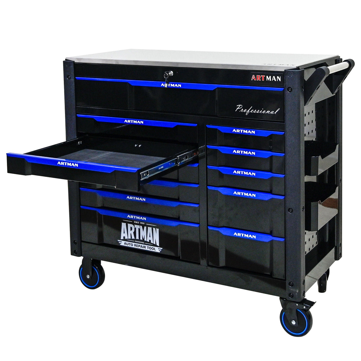 12 Layer Drawer Multi Purpose Tool Cart with Wheels and Iron Top - Black / Blue