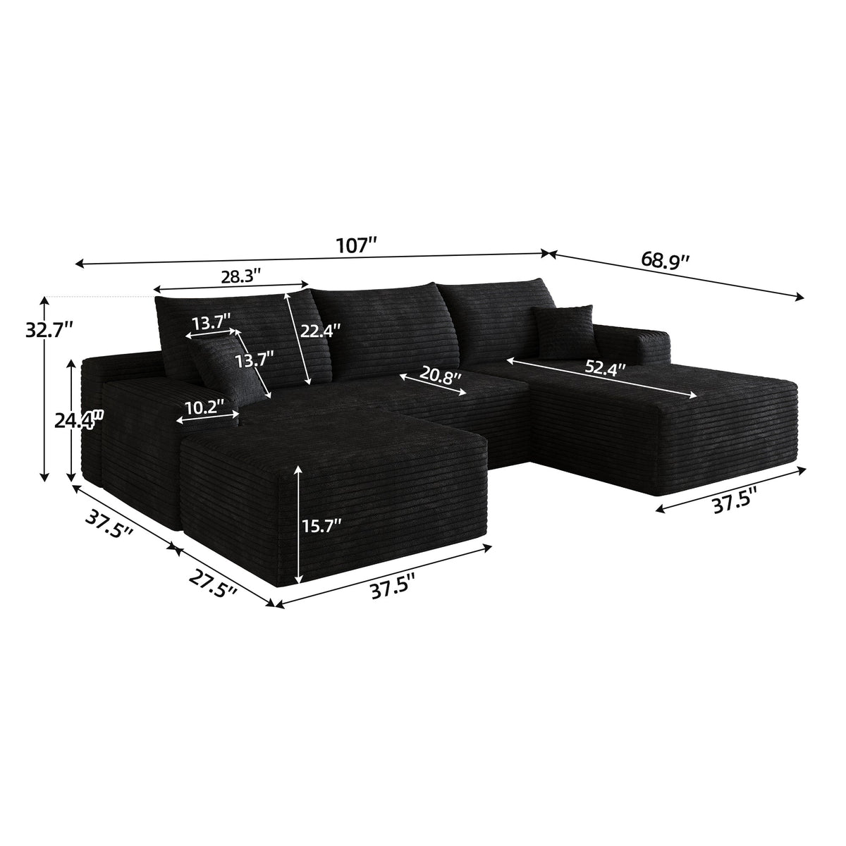 107" Cloud Sectional Sofa with Ottoman - Modern Minimalist Design - Black
