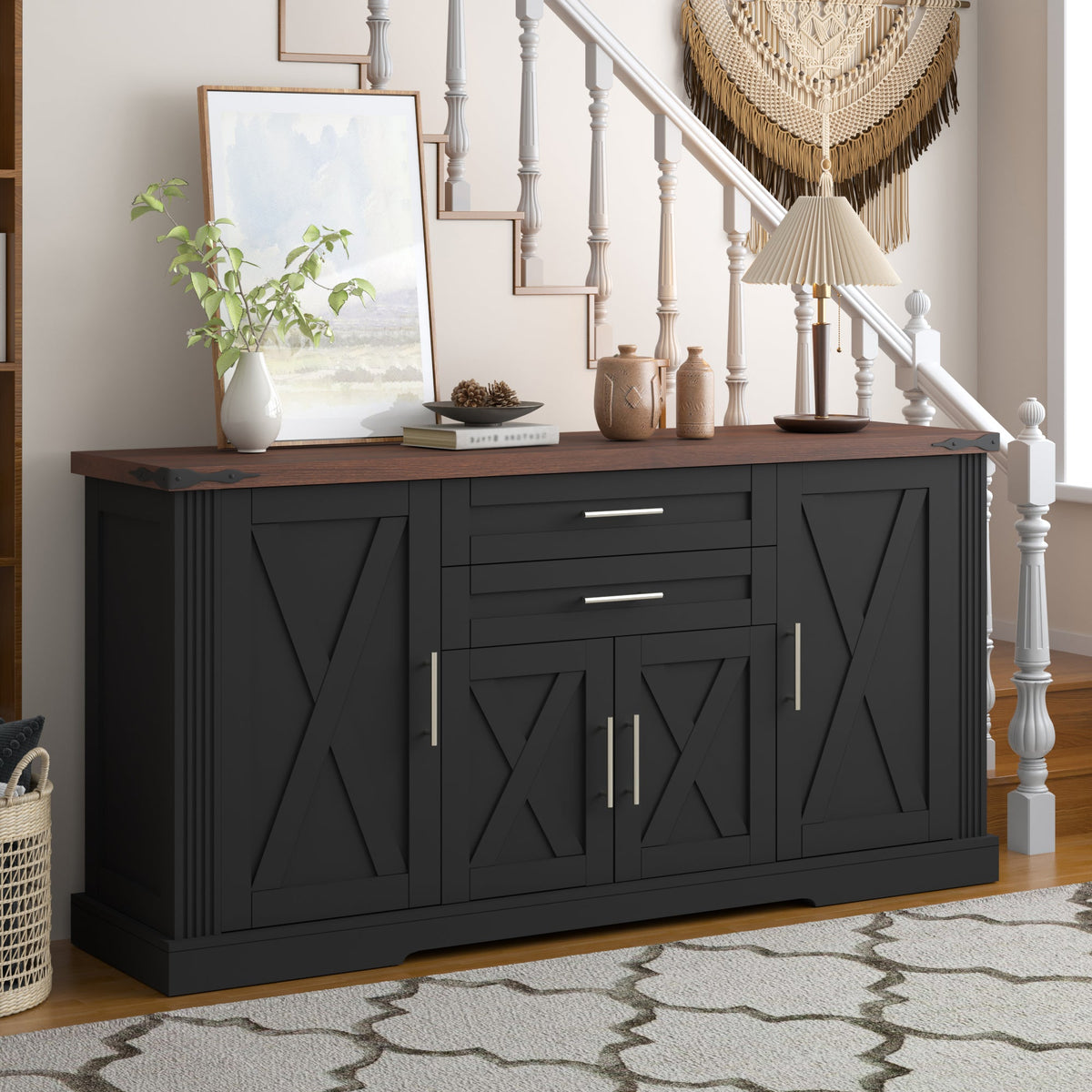 63" Farmhouse Barn Door Storage Cabinet with Drawers - Rustic MDF Sideboard