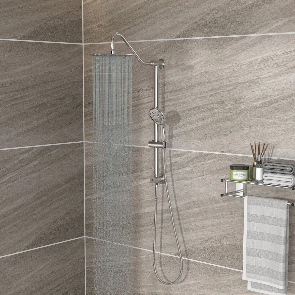 Shower System with 5 Function Rain Hand Shower and Slide Bar Combo - Pearl Silver, Gray, or Black