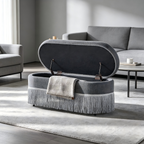 Oval Upholstered Storage Ottoman with Fringe Trim - Multi-Functional Ottoman