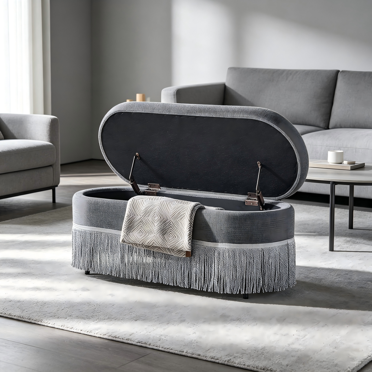 Oval Upholstered Storage Ottoman with Fringe Trim - Multi-Functional Ottoman