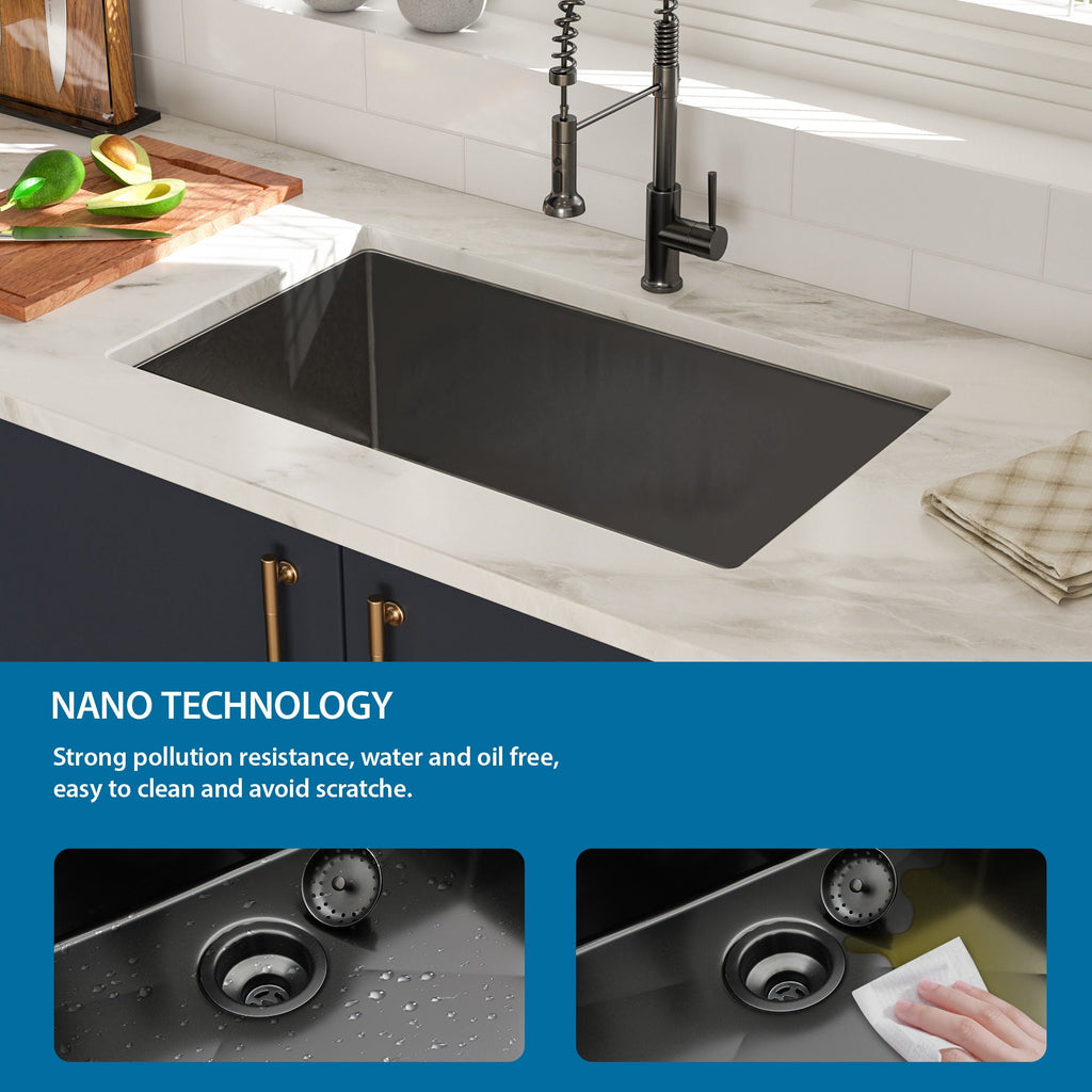 Black Undermount Kitchen Sink 16 Gauge Stainless Steel Single Bowl