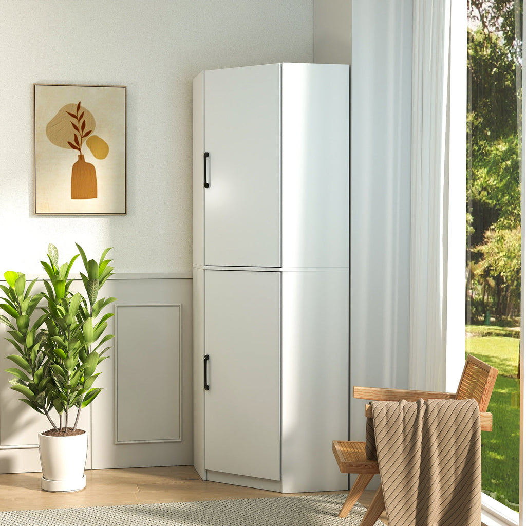 White Corner Kitchen Pantry Cabinet with Vertical Storage - White