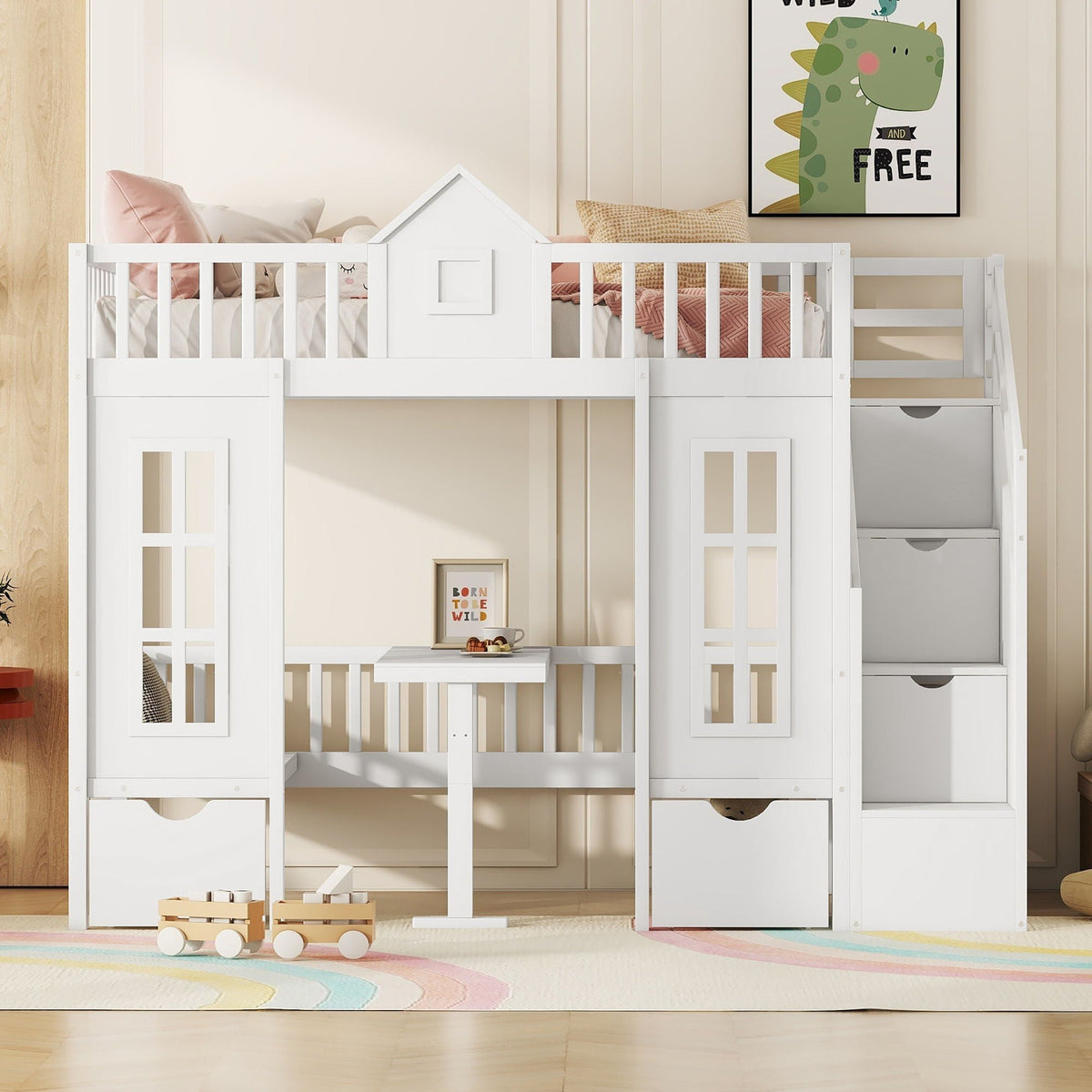 Twin Over Twin Bunk Bed with Convertible Desk - Pink or White