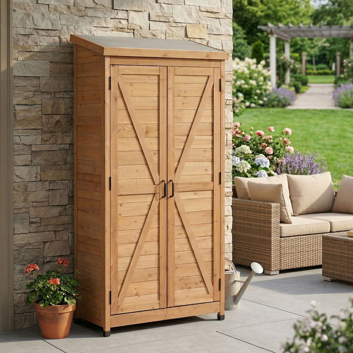 Outdoor Storage Shed with Vertical Tool Cabinet - Solid Wood, Dark Gray or Light Brown