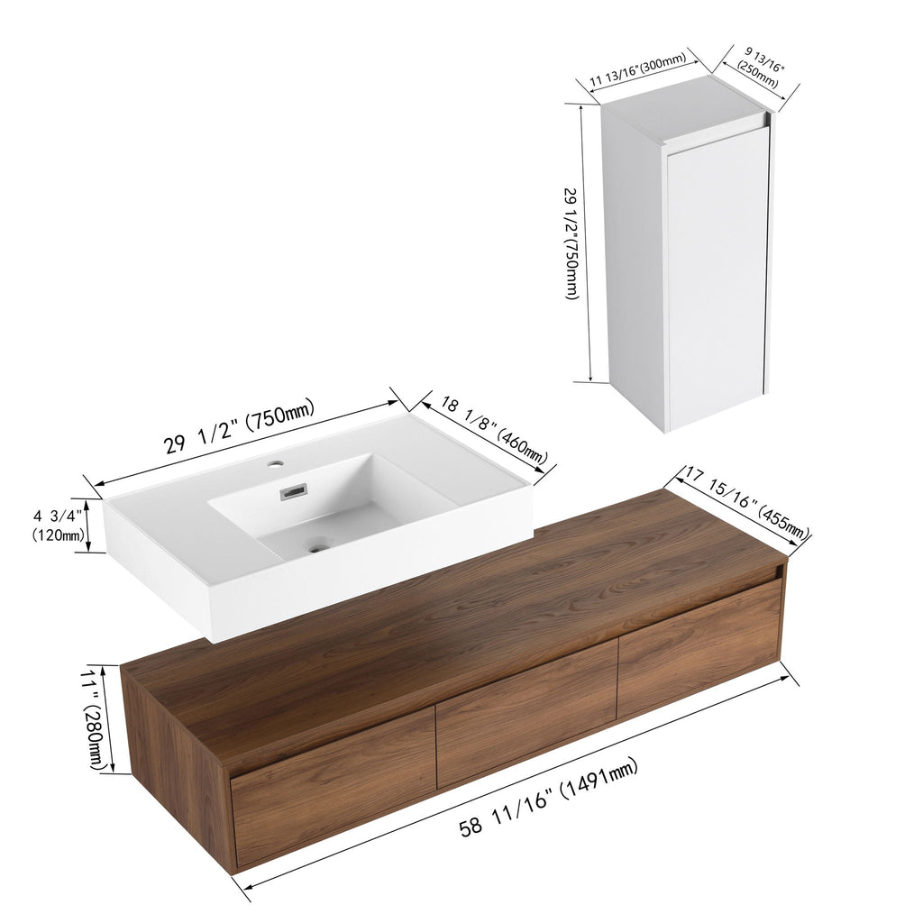 Modern Wall Mounted Bathroom Vanity with Resin Sink and Side Cabinet - Brown Ebony