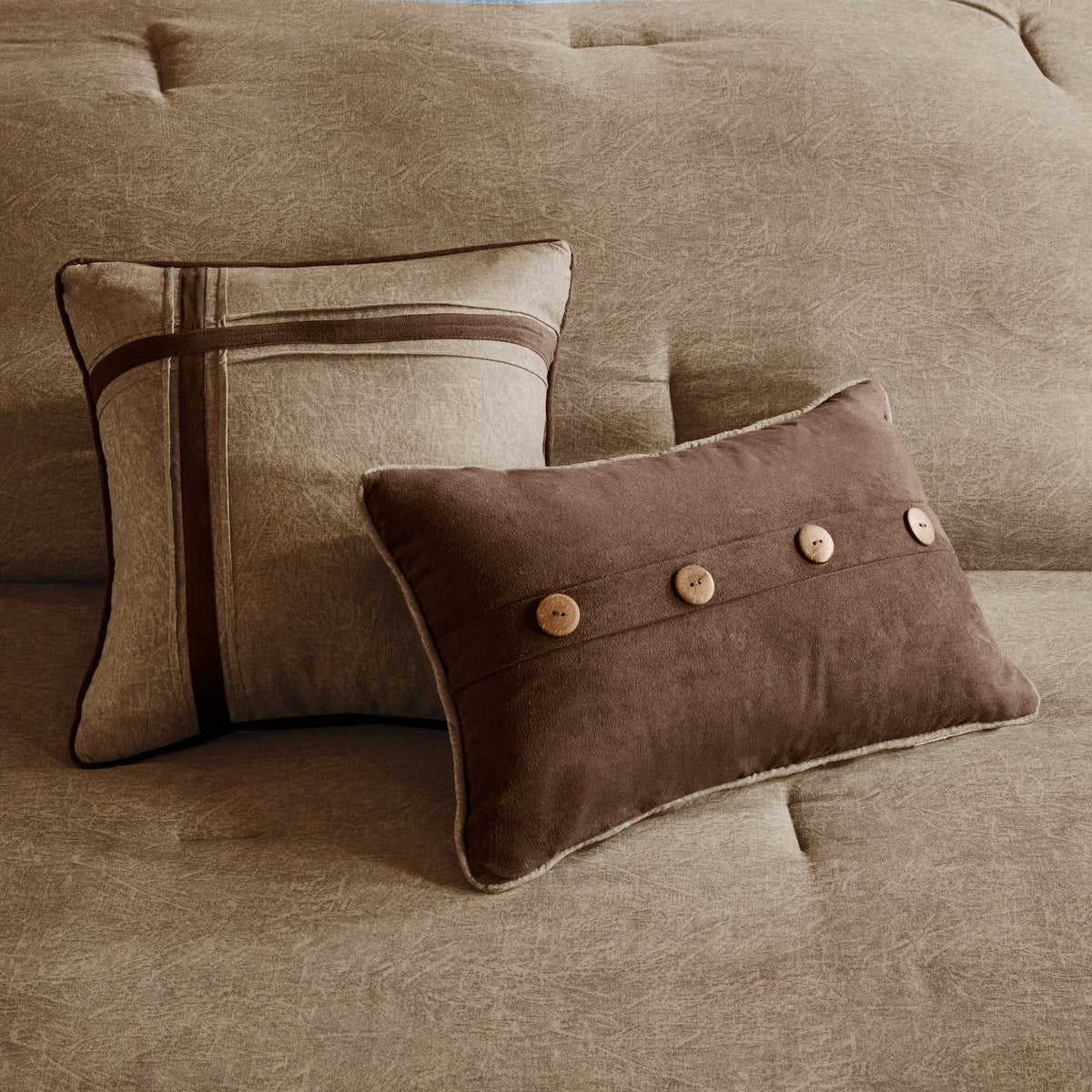 Faux Suede Comforter Set with Decorative Pillows - Brown