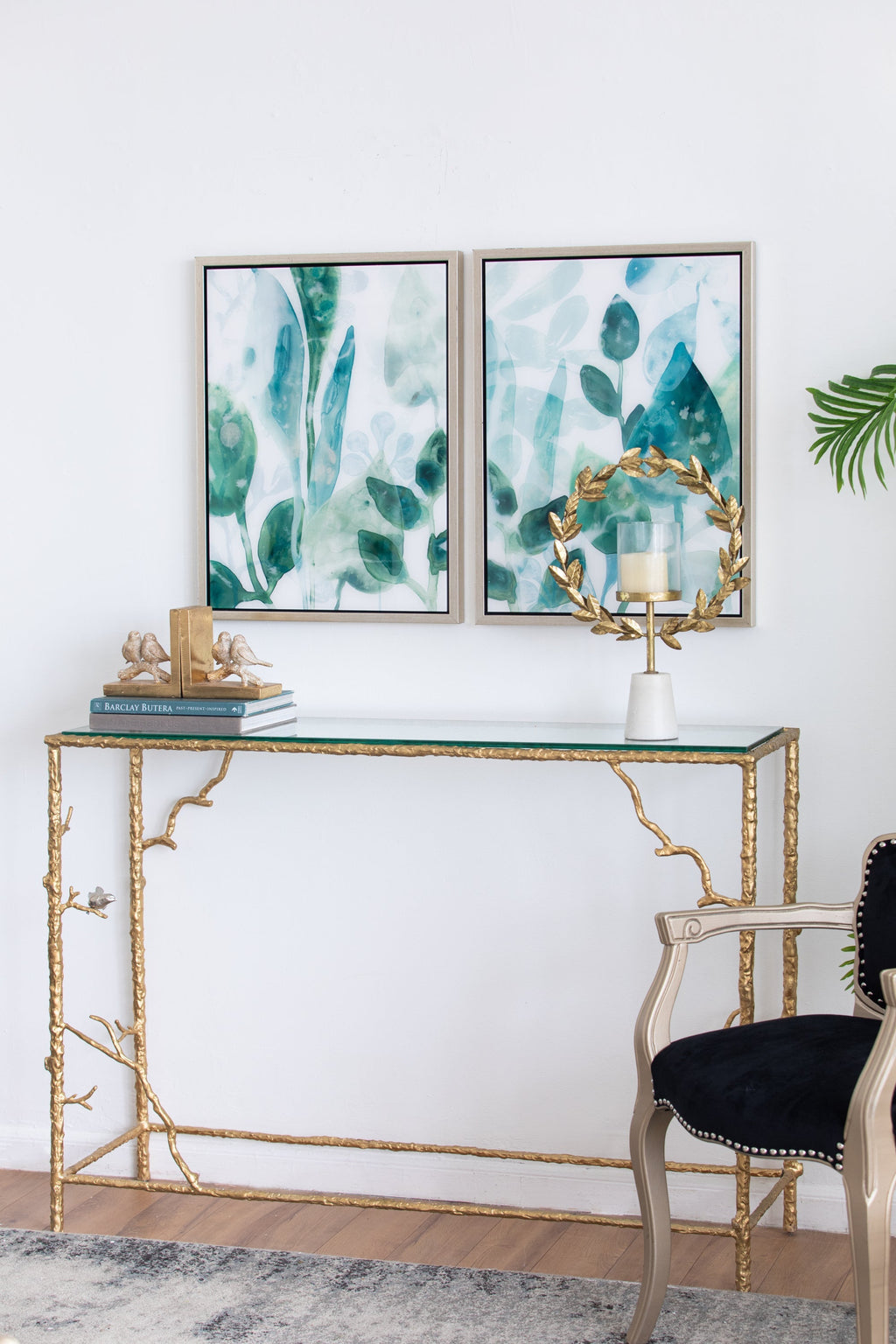 Iron Floral Hurricane Table Lamp with Marble Base - Gold & White
