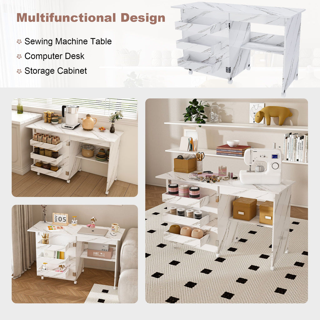 White Folding Sewing Table with Lockable Wheels - 4-in-1 Multi Functional Craft Station