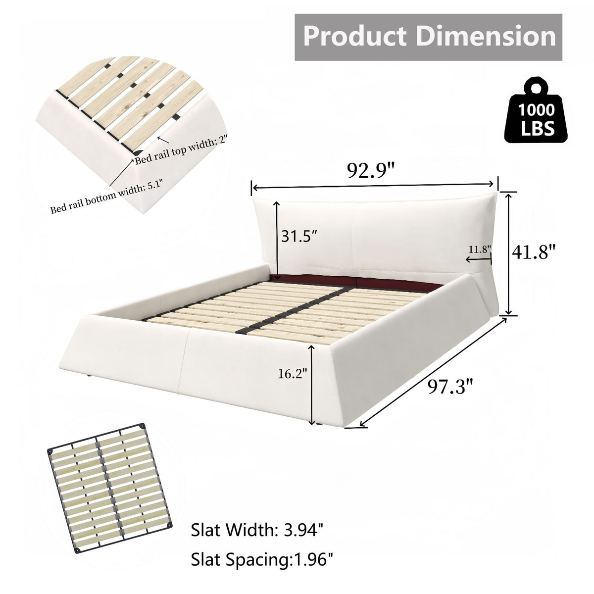 King Size Platform Bed With Special-Shaped Headboard in Cream