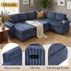 Convertible U-Shaped Sectional Sofa Bed with USB Ports and Storage – Black, Dark Gray, Blue