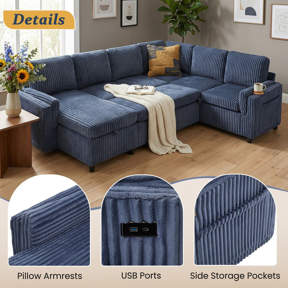 Convertible U-Shaped Sectional Sofa Bed with USB Ports and Storage – Black, Dark Gray, Blue