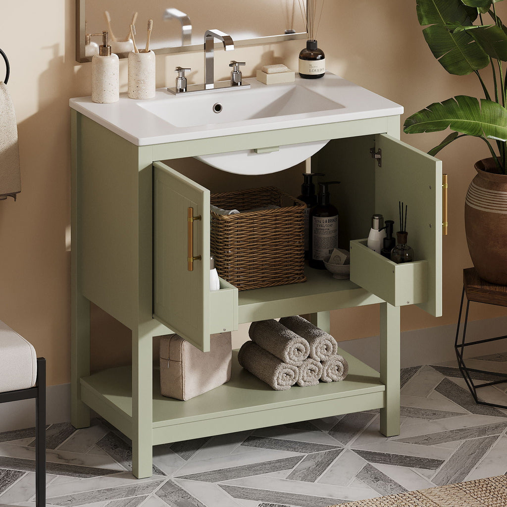 Elegant Bathroom Vanity with Ceramic Sink and Storage - White or Green