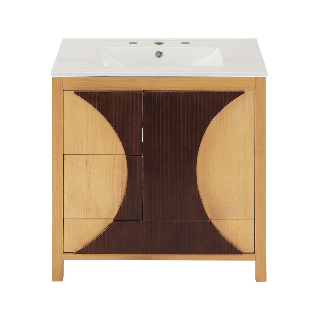 30 Inch Mid-Century Modern Bathroom Vanity with Ceramic Sink - Wood