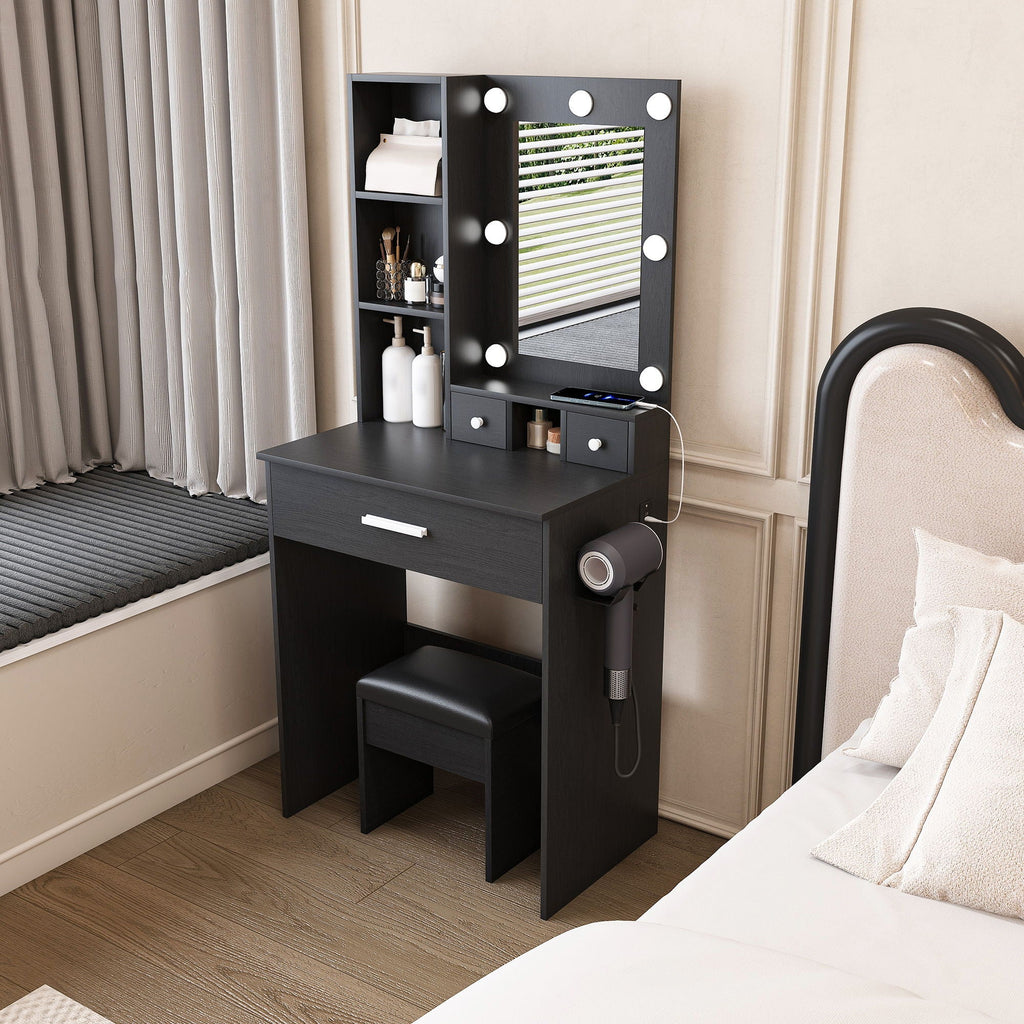 Vanity Set with Mirror, Adjustable LED Lights & Power Outlet - Wood & Mirror