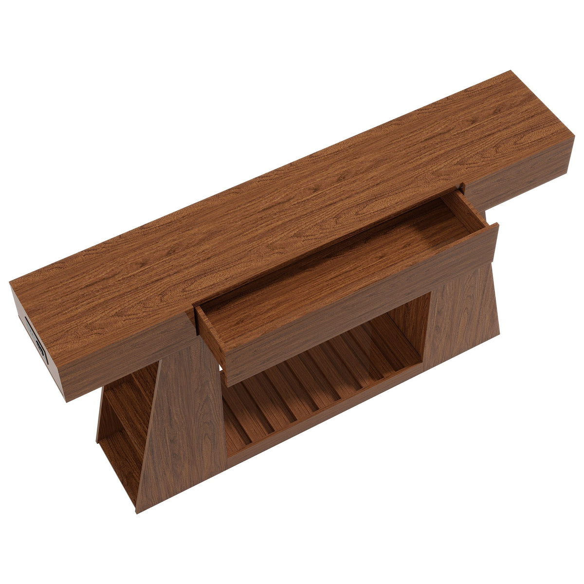 60 Inch Narrow Console Table with Built-in Power Outlet - Natural Wood Brown