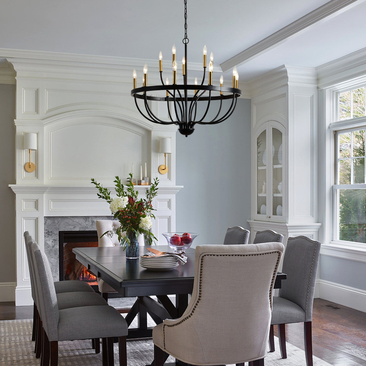 15-Light Industrial Iron Candle Chandelier with Adjustable Height - Black & Gold