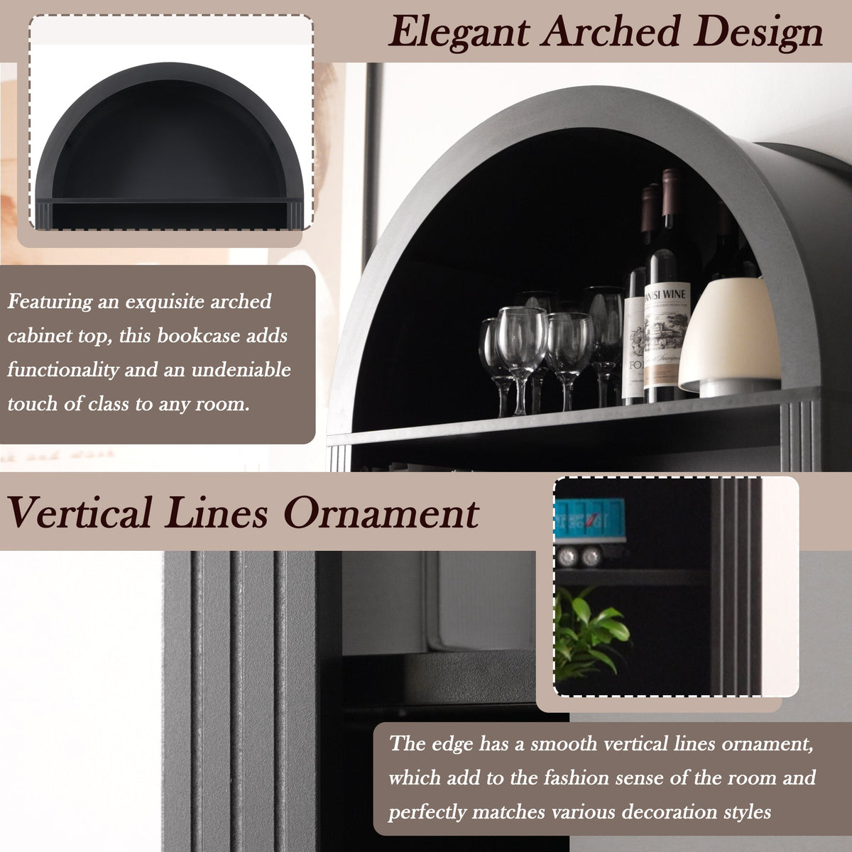 Arched Bookshelf with Storage Cabinet with Modern Curved Top - MDF