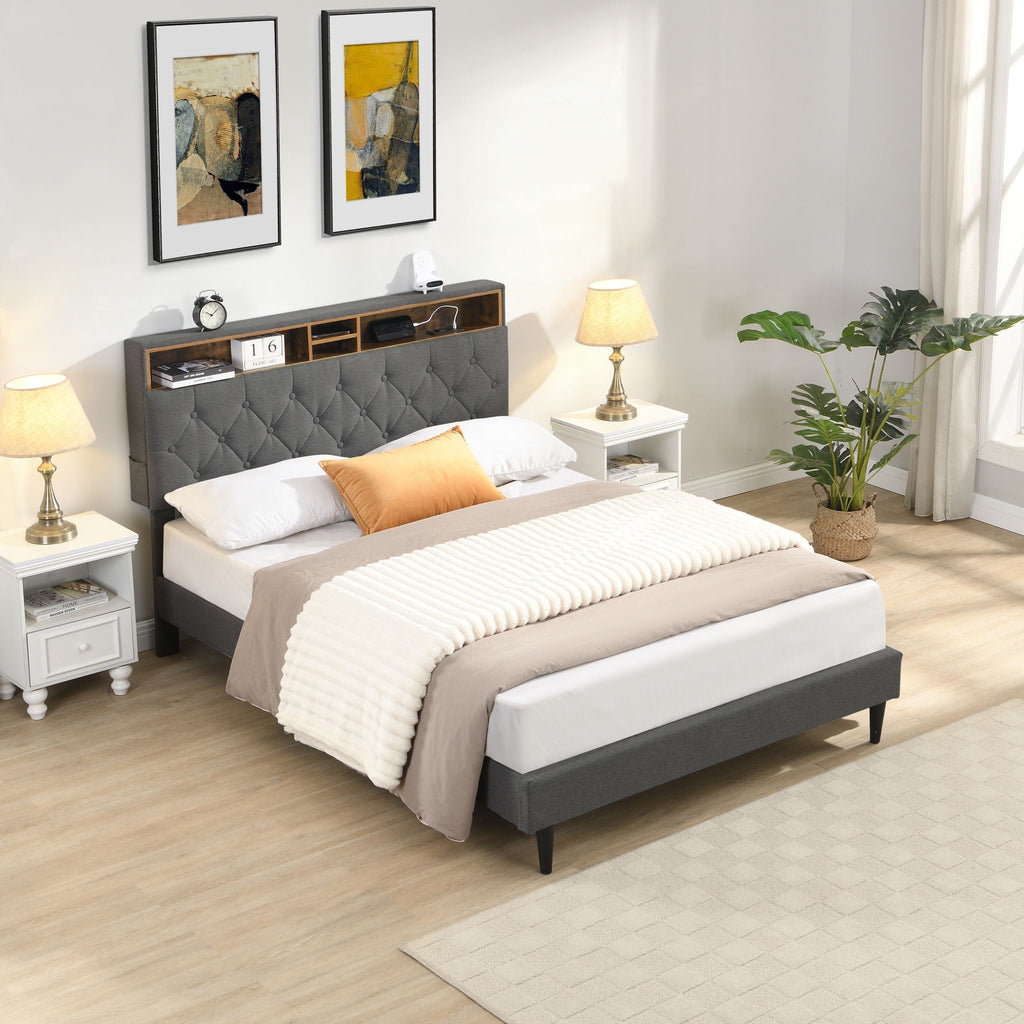Modern Upholstered Platform Bed Frame with USB Ports - Gray or Dark Gray